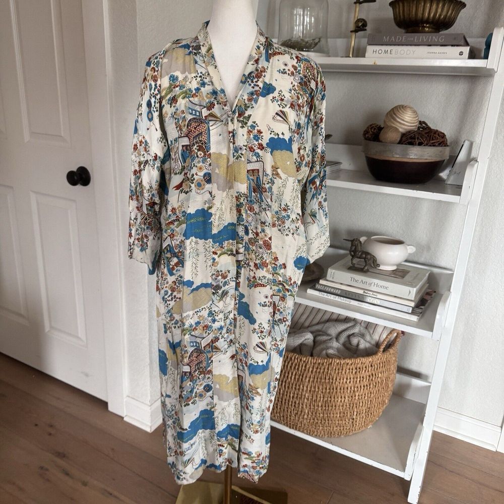 Vintage 60s 70s Floral Artsy Kimono‎ Nightgown Robe Snap Button Handmade? Sz M - Picture 2 of 11